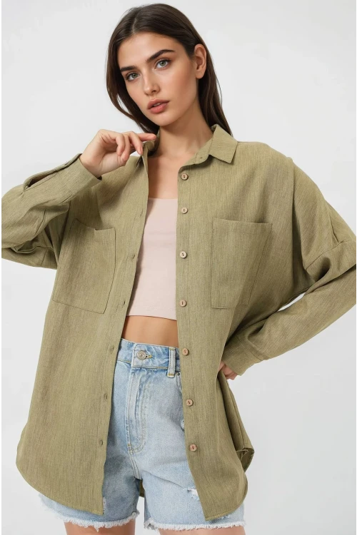 Kadın Çağla Yeşil Oversize Çift Cepli Keten Gömlek HZL22S-BD1201261