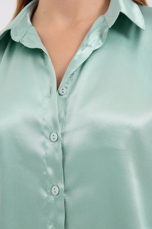 Kadın Çağla Yeşili Saten Yüzeyli Tesettür Gömlek HZL25W-BD139641