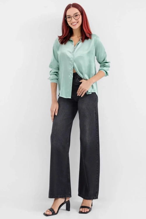 Kadın Çağla Yeşili Saten Yüzeyli Tesettür Gömlek HZL25W-BD139641
