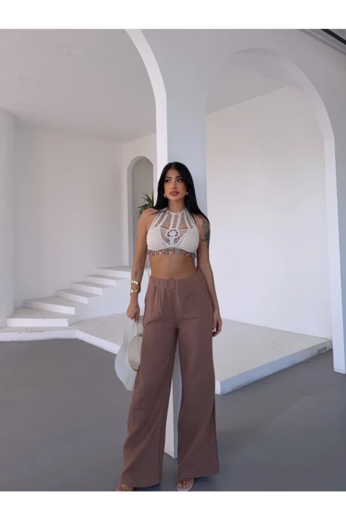 Kadın Camel Beli Lastikli Müslin Kumaş Bol Paça Pantolon HZL25S-DSB12221
