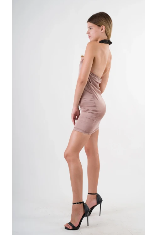 Kadın Camel Halter Yaka Saten Kumaş Sırt Dekolteli Mini Elbise HZL24S-YY262