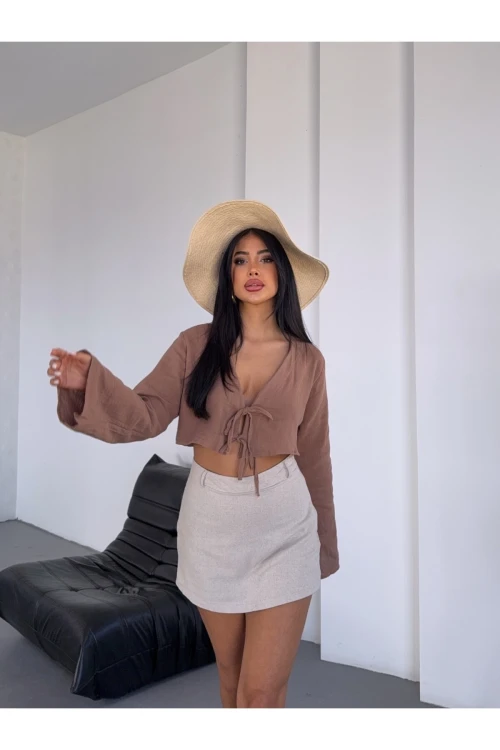 Kadın Camel Önden Bağlamalı Müslin Kumaş Crop Bluz  HZL25S-DSB104071