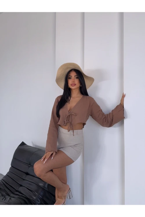 Kadın Camel Önden Bağlamalı Müslin Kumaş Crop Bluz  HZL25S-DSB104071