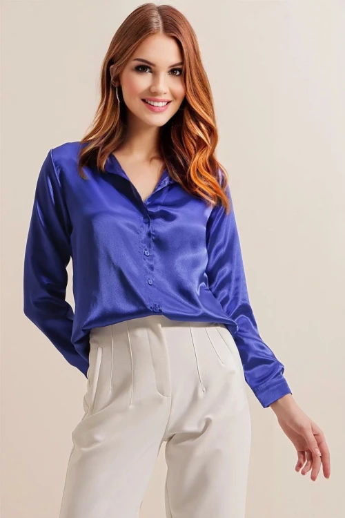 Kadın Canlı Mavi Saten Yüzeyli Tesettür Gömlek HZL25W-BD139641