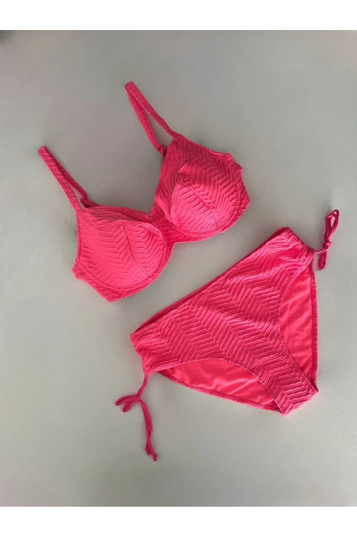 Kadın Canlı Pembe Desenli Büyük Beden Astarlı Bikini Takım HZL25S-LC4004