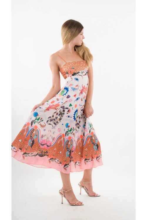 Kadın Çok Renkli İp Askılı Astarsız Uzun Elbise HZL24S-YY276