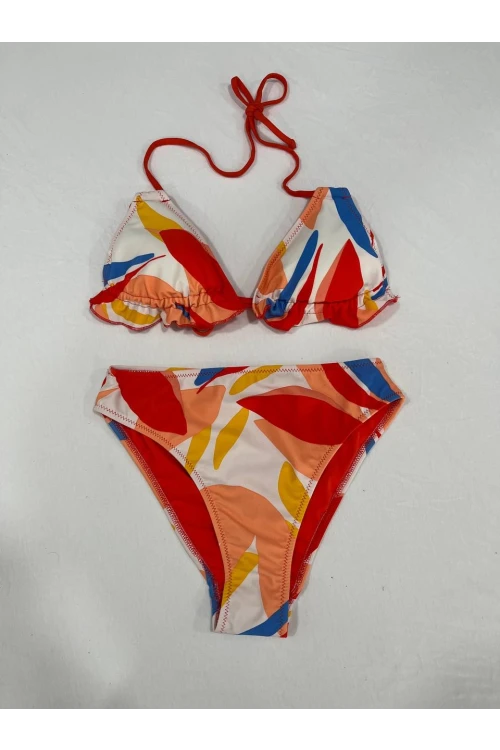 Kadın Çok Renkli Tropikal Desenli Astarlı Üçgen Bikini Takım HZL25S-AR1616