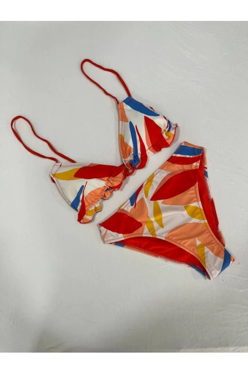 Kadın Çok Renkli Tropikal Desenli Astarlı Üçgen Bikini Takım HZL25S-AR1616