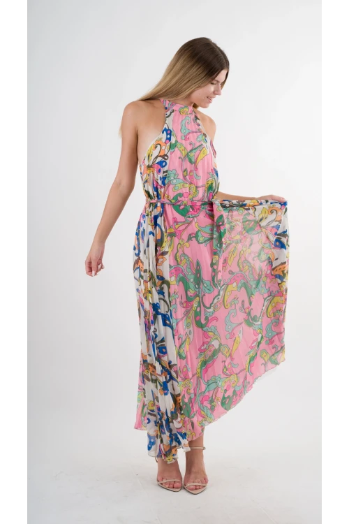 Kadın Çok Renkli Bloklu Yaprak Desenli Halter Yaka Kuşaklı Astarlı Uzun Elbise HZL24S-YY233