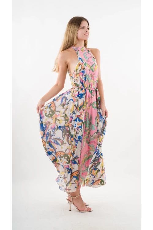 Kadın Çok Renkli Bloklu Yaprak Desenli Halter Yaka Kuşaklı Astarlı Uzun Elbise HZL24S-YY233