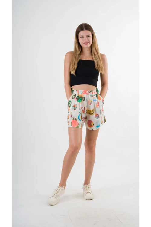 Kadın Çokrenkli Beli Lastikli Düğme Detaylı Cepli Şort HZL24S-YY277