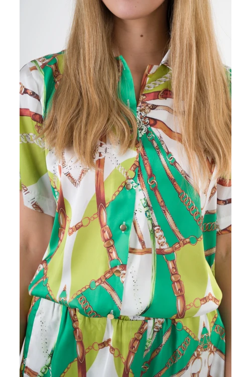 Kadın Fıstık Yeşili Desenli Şort Gömlek Alt Üst Takım  HZL24S-YY226