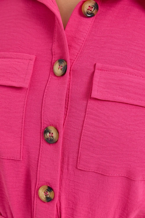 Kadın Fuşya Cepli Düğmeli Kısa Kollu Yazlık  Crop Gömlek Ceket HZL22S-BD106631