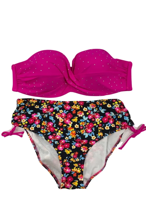 Kadın Fuşya Çiçek Desenli Taş İşlemeli Büyük Beden Astarlı Bikini Takım HZL25S-LC3312