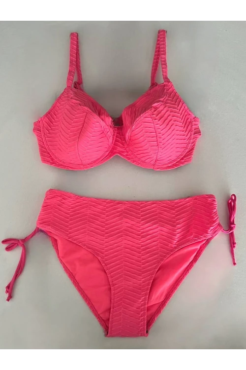 Kadın Canlı Pembe Desenli Büyük Beden Astarlı Bikini Takım HZL25S-LC4004