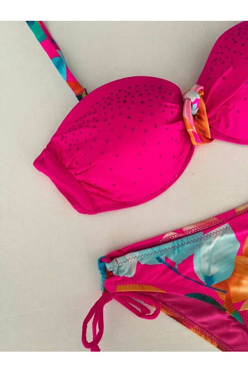 Kadın Fuşya Taş İşlemeli Astarlı Bikini Takım HZL25S-LC207