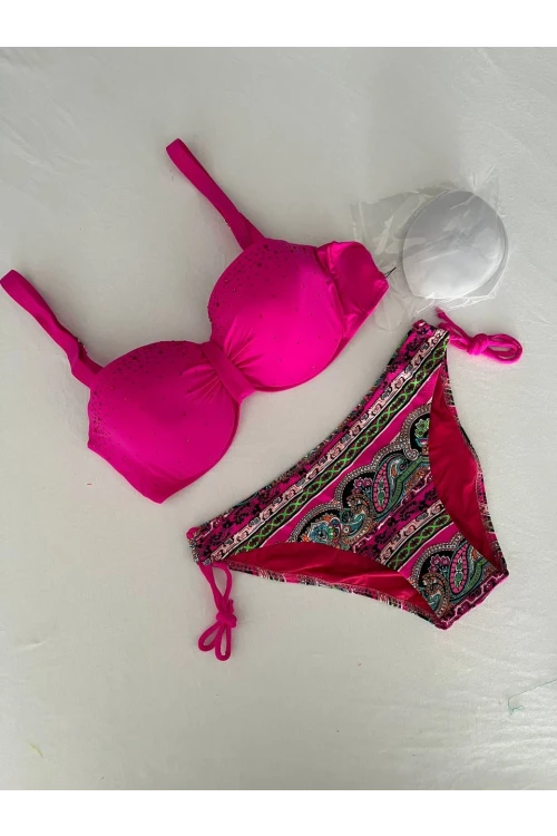 Kadın Fuşya Taş İşlemeli Desenli 3 Parça Bikini Takım HZL25S-LC3326