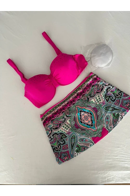 Kadın Fuşya Taş İşlemeli Desenli 3 Parça Bikini Takım HZL25S-LC3326