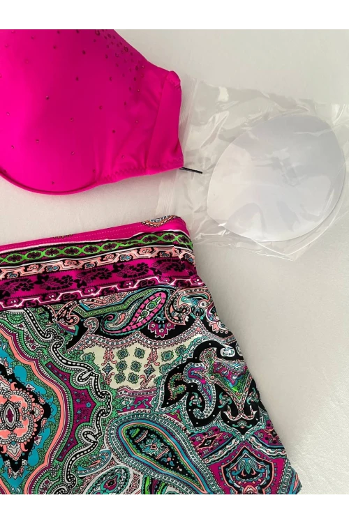 Kadın Fuşya Taş İşlemeli Desenli 3 Parça Bikini Takım HZL25S-LC3326