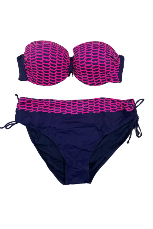 Kadın Fuşya Zincir Desenli Büyük Beden Astarlı Lacivert Bikini Takım HZL25S-LC3303