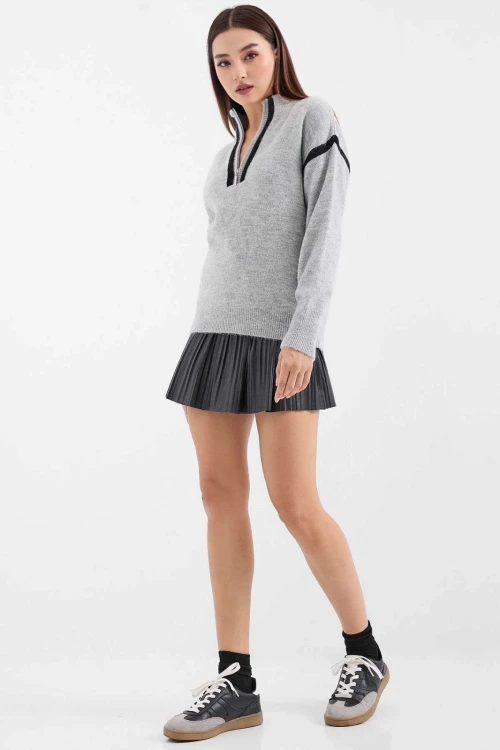 Kadın Gri Biye Detay Fermuar Yaka  Oversize Kazak HZL25W-BD1158881