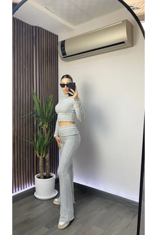 Kadın Gri Bel Katlamalı İspanyol İkili Yumoş Takım HZL25W-ZK13501