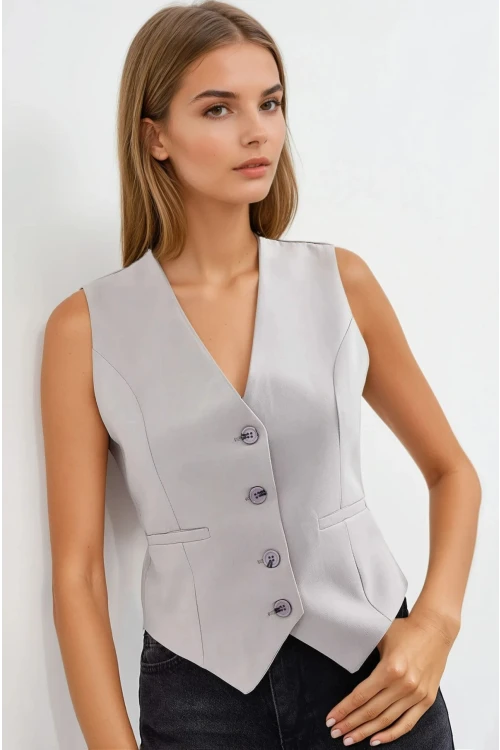 Kadın Gri Düğmeli Astarlı Yelek HZL25S-BD167961