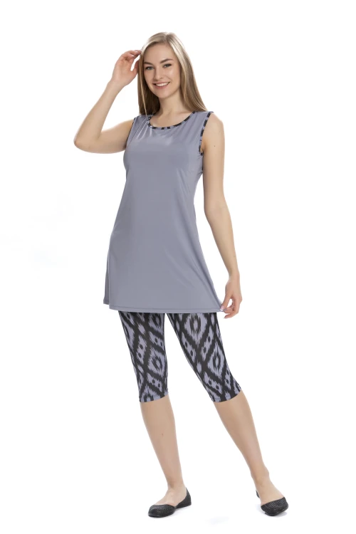 Kadın Gri Siyah Kolsuz Yarı Kapalı Taytlı Mayo HZL25S-AR3151/13