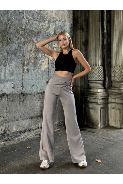Kadın Gri Yüksel Bel Kemer Detaylı İspanyol Paça Pantolon HZL25W-ZK11481