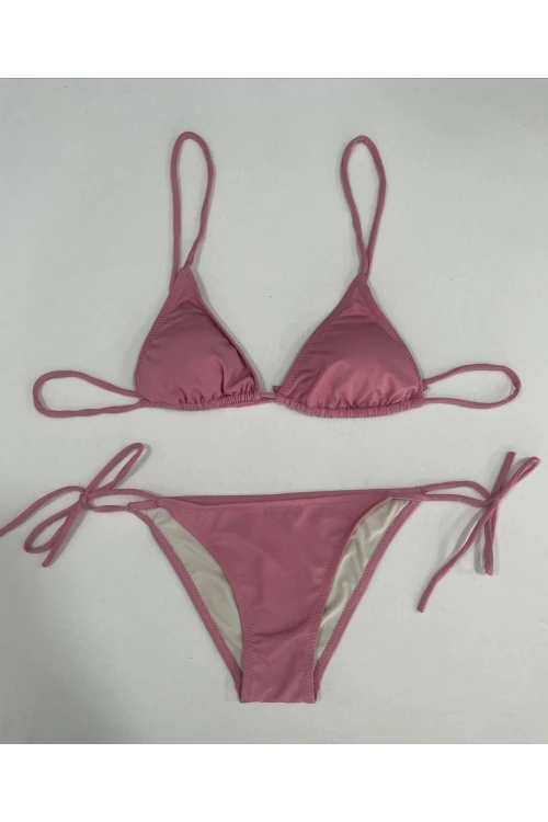 Kadın Gül Kurusu Boyundan İp Bağlamalı Üçgen Bikini Takımı HZL25S-LC5005