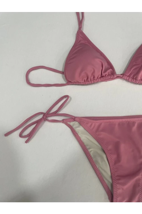 Kadın Gül Kurusu Boyundan İp Bağlamalı Üçgen Bikini Takımı HZL25S-LC5005