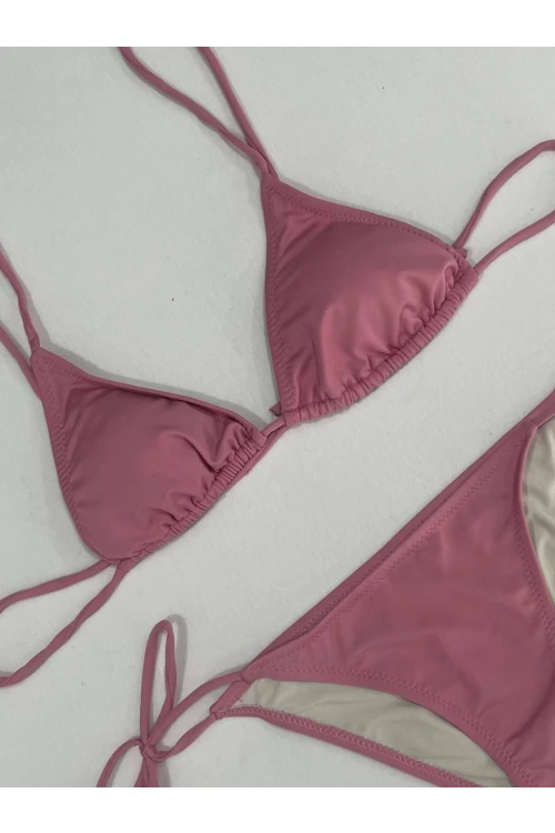 Kadın Gül Kurusu Boyundan İp Bağlamalı Üçgen Bikini Takımı HZL25S-LC5005