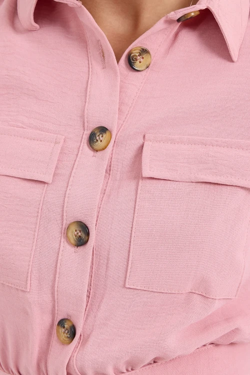 Kadın Gül Kurusu Cepli Düğmeli Kısa Kollu Yazlık  Crop Gömlek Ceket HZL22S-BD106631