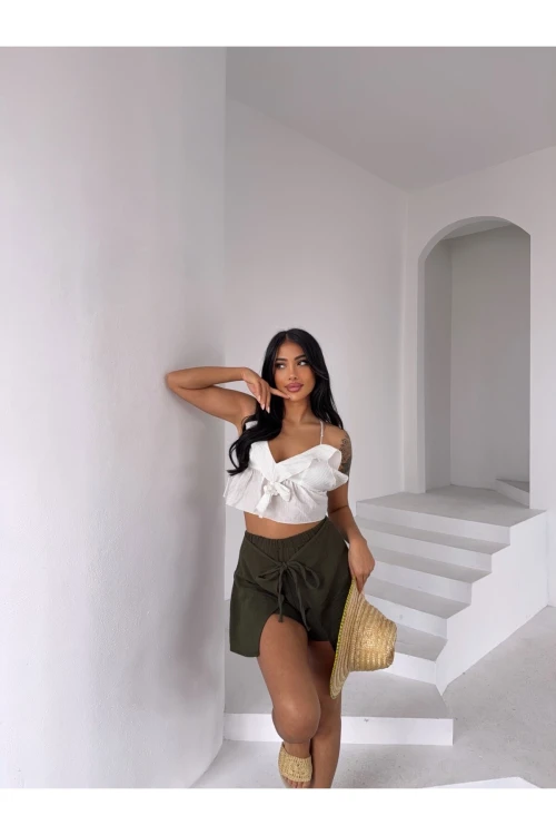 Kadın Haki Bağlama Detay Müslin Şort HZL25S-DSB2323