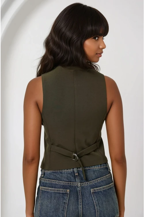 Kadın Haki Düğmeli Astarlı Yelek HZL25S-BD167961