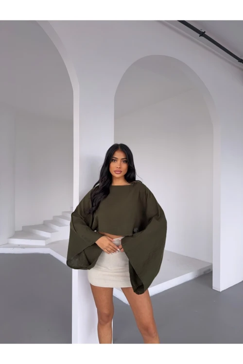 Kadın Haki Panço Model Müslin Bluz HZL25S-DSB16161
