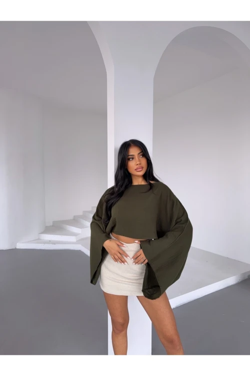 Kadın Haki Panço Model Müslin Bluz HZL25S-DSB16161