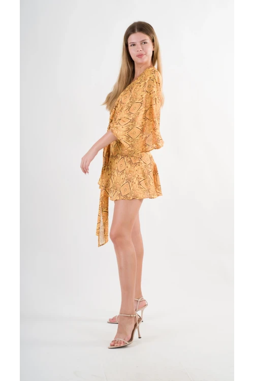 Kadın Hardal Desenli Saten Yüzeyli V Yaka Halka Detaylı Kuşaklı Mini Elbise HZL24S-YY230