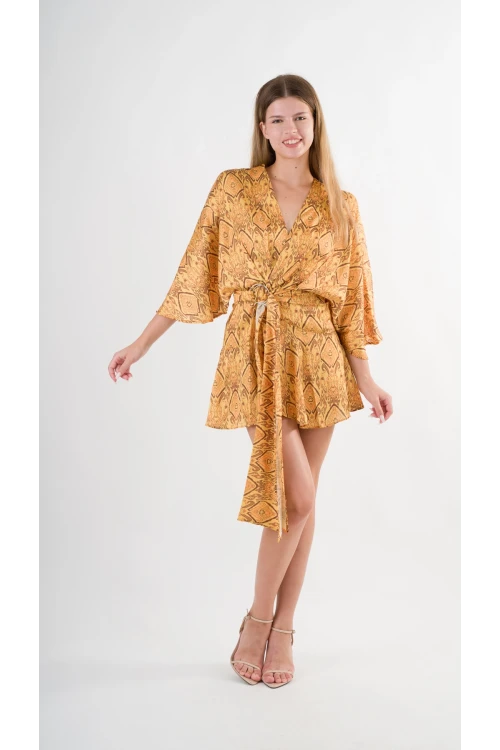 Kadın Hardal Desenli Saten Yüzeyli V Yaka Halka Detaylı Kuşaklı Mini Elbise HZL24S-YY230
