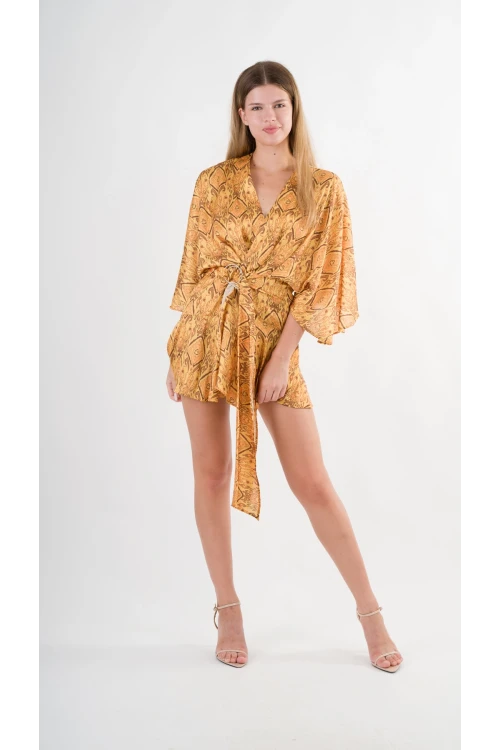 Kadın Hardal Desenli Saten Yüzeyli V Yaka Halka Detaylı Kuşaklı Mini Elbise HZL24S-YY230