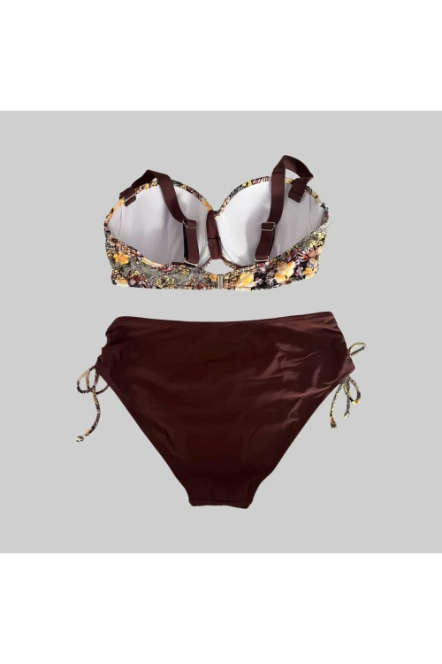 Kadın Kahve Çiçek Desenli Büyük Beden Astarlı Lacivert Bikini Takım HZL25S-LC3301