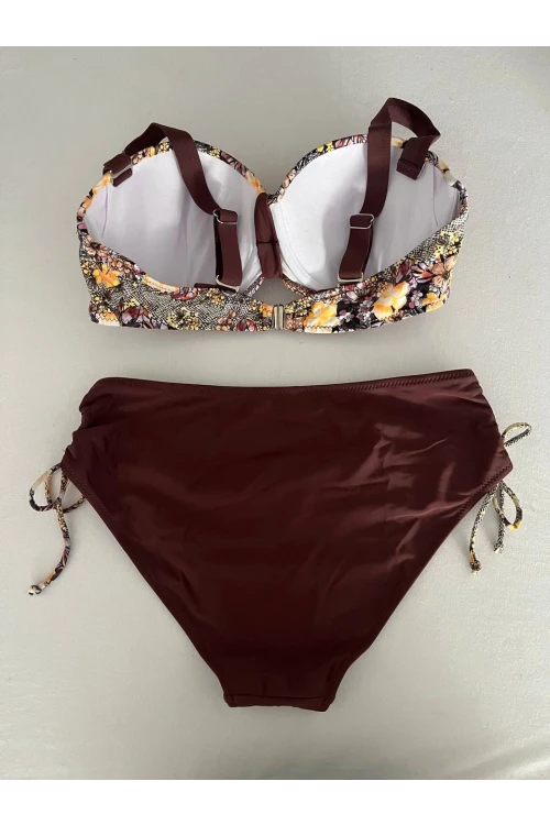 Kadın Kahve Çiçek Desenli Büyük Beden Astarlı Lacivert Bikini Takım HZL25S-LC3301