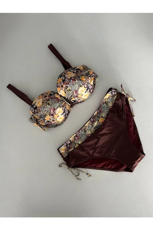 Kadın Kahve Çiçek Desenli Büyük Beden Astarlı Lacivert Bikini Takım HZL25S-LC3301
