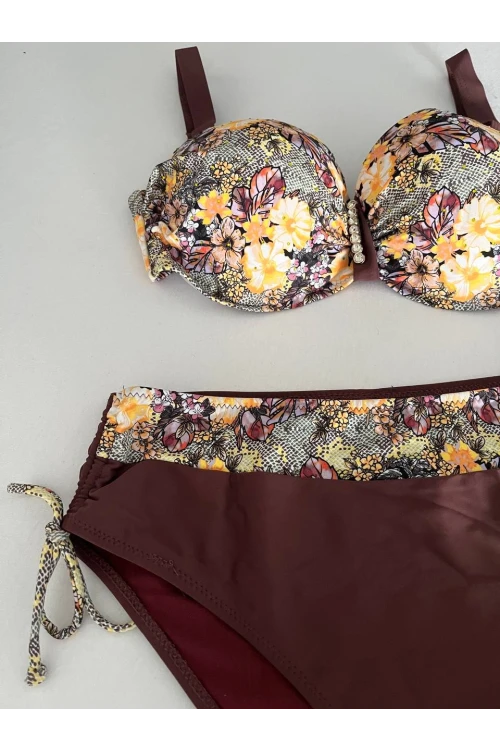 Kadın Kahve Çiçek Desenli Büyük Beden Astarlı Lacivert Bikini Takım HZL25S-LC3301