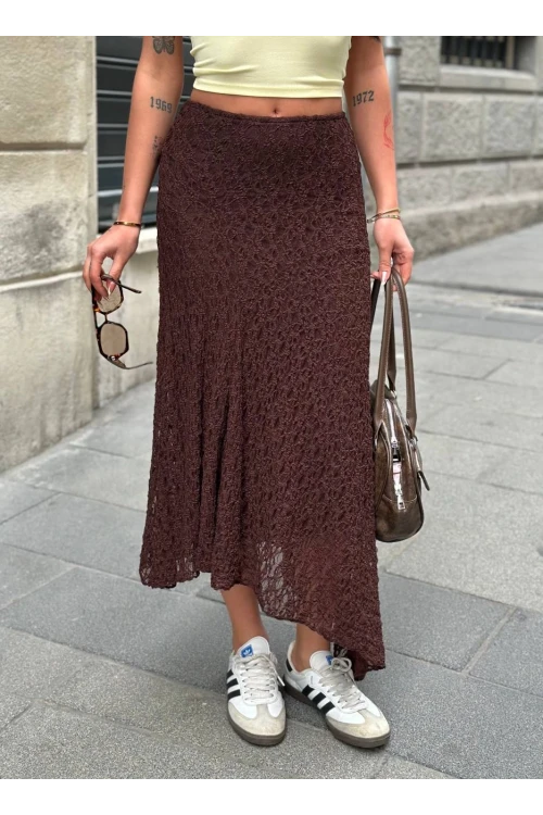 Kadın Kahverengi Asimetrik Kesim Astarlı Dantel Etek HZL25S-ZK13571