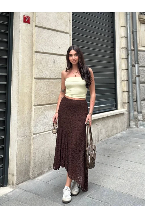 Kadın Kahverengi Asimetrik Kesim Astarlı Dantel Etek HZL25S-ZK13571