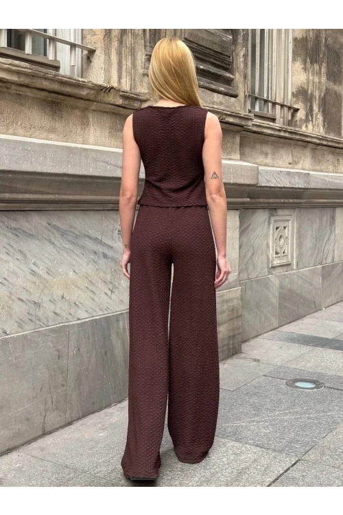 Kadın Kahverengi Beli Lastilkli Gofre Kumaş Pantolon HZL24S-ZK13261