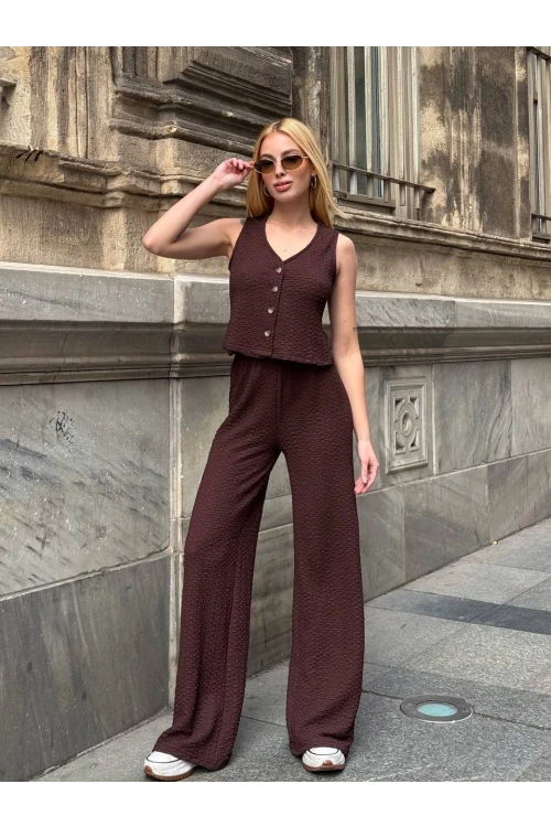 Kadın Kahverengi Beli Lastilkli Gofre Kumaş Pantolon HZL24S-ZK13261