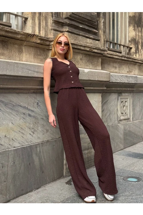 Kadın Kahverengi Beli Lastilkli Gofre Kumaş Pantolon HZL24S-ZK13261