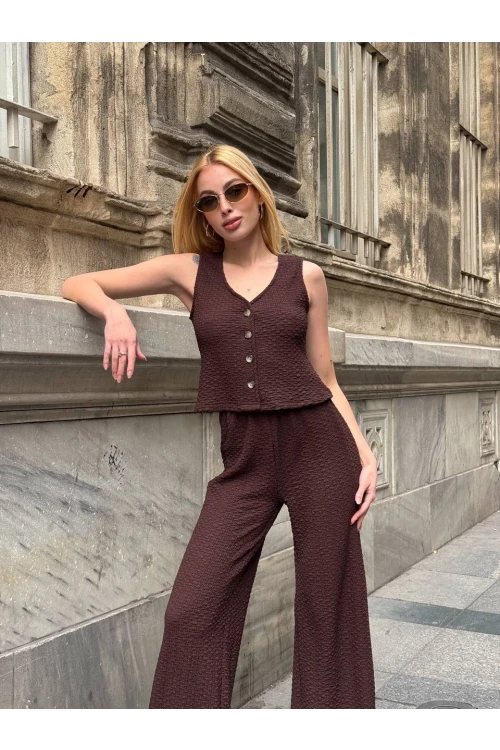 Kadın Kahverengi Beli Lastilkli Gofre Kumaş Pantolon HZL24S-ZK13261